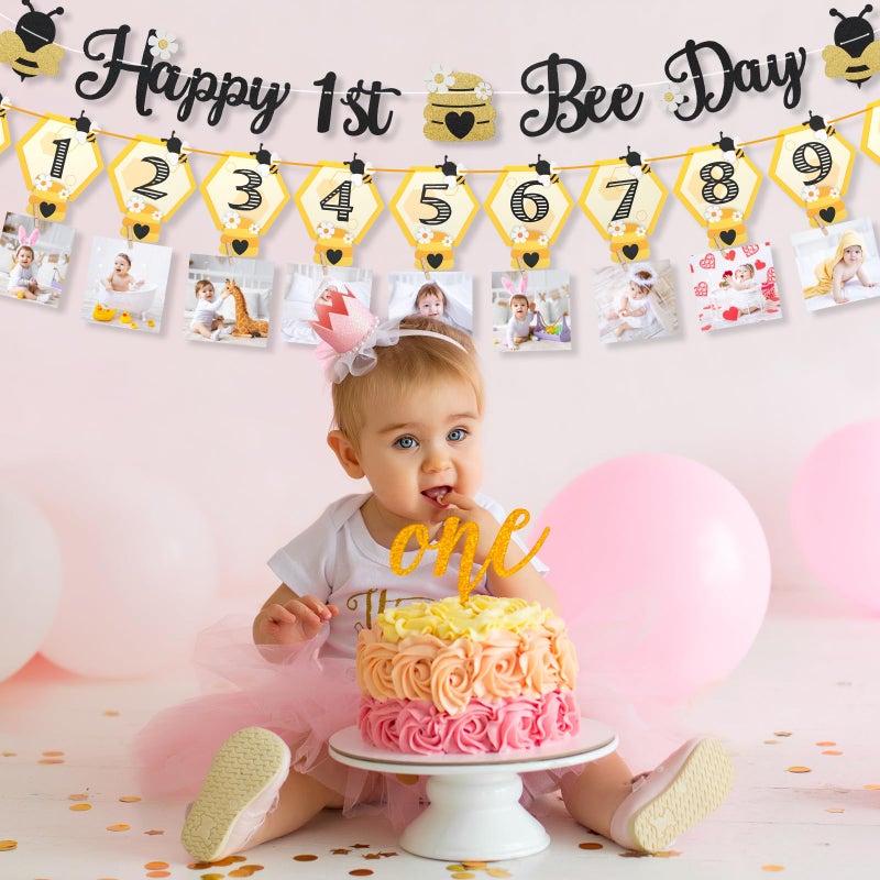 Faisichocalato 3PCS Happy Bee Day Party Decorations, Bumble Honey Bee 1st Birthday Baby Photo Banner for Newborn to 12 Months, Monthly Milestone Photograph Bunting Garland, First Birthday Celebration Decorations - Image 5